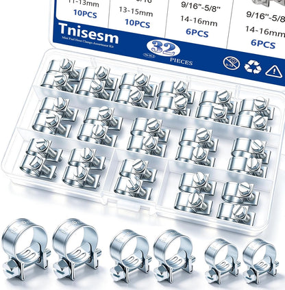 32Pcs 1/4" 5/16" 3/8" Fuel Injection Gas Line Hose Clamps Clip Pipe Clamp Assortment Kit, Hoses Clamps Sleeving,for Automotive Diesel Petrol Pipe