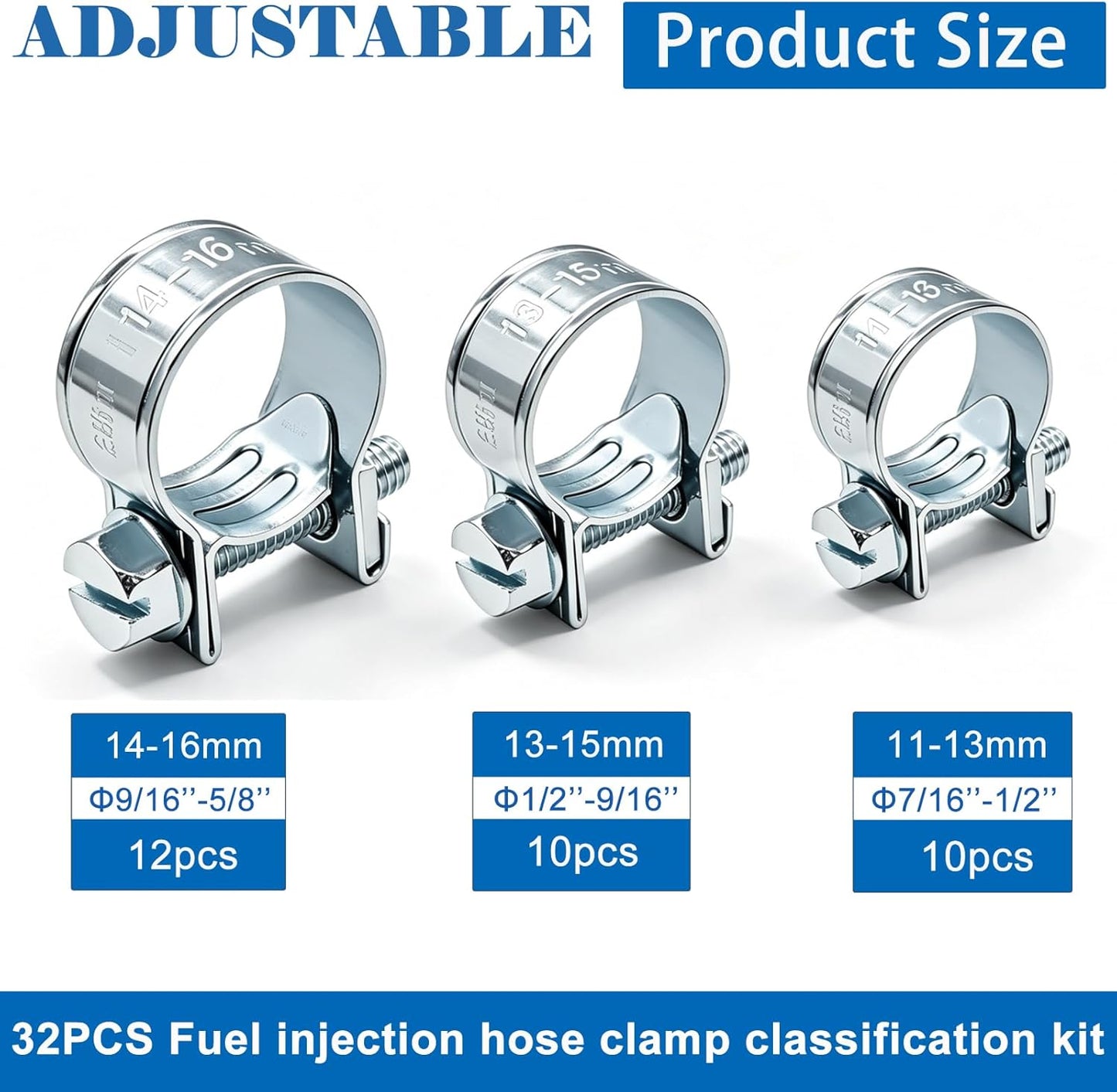 32Pcs 1/4" 5/16" 3/8" Fuel Injection Gas Line Hose Clamps Clip Pipe Clamp Assortment Kit, Hoses Clamps Sleeving,for Automotive Diesel Petrol Pipe