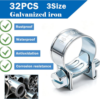 32Pcs 1/4" 5/16" 3/8" Fuel Injection Gas Line Hose Clamps Clip Pipe Clamp Assortment Kit, Hoses Clamps Sleeving,for Automotive Diesel Petrol Pipe