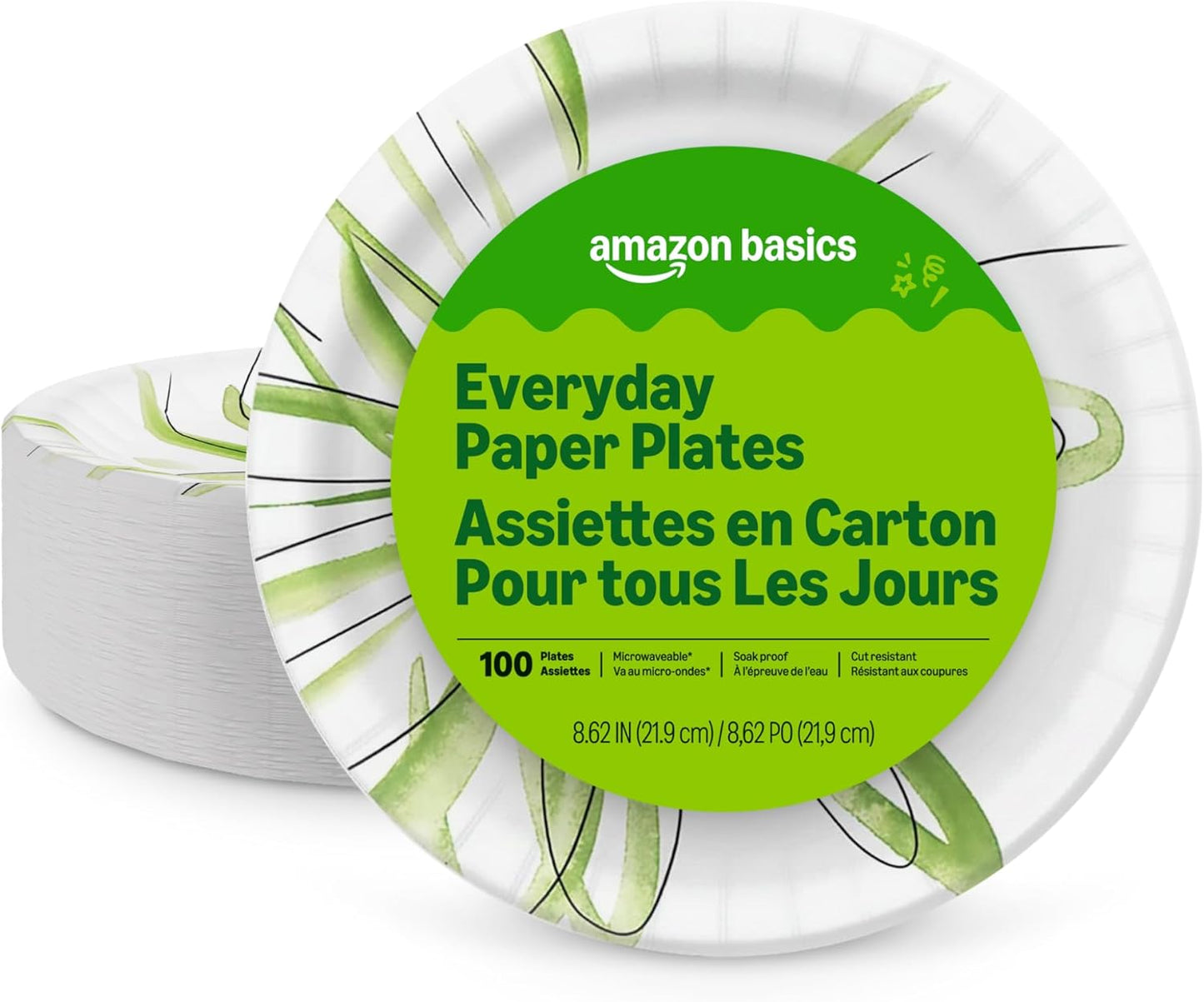 Everyday Disposable Paper Plates, 8.62 Inch, Microwave-Safe, Cut Resistant, Soak-Proof, 100 Count, Packaging May Vary