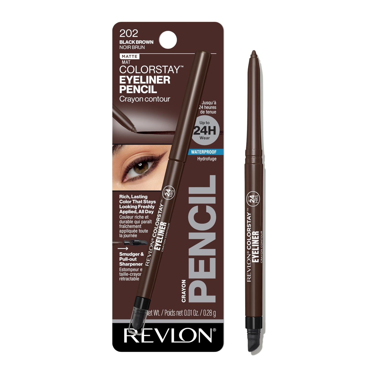 Revlon ColorStay Pencil Waterproof Eyeliner, Smudge-Proof, Eye Makeup with Built-In Sharpener, Long-Lasting, Matte Finish, 202 Black Brown, 0.01 oz