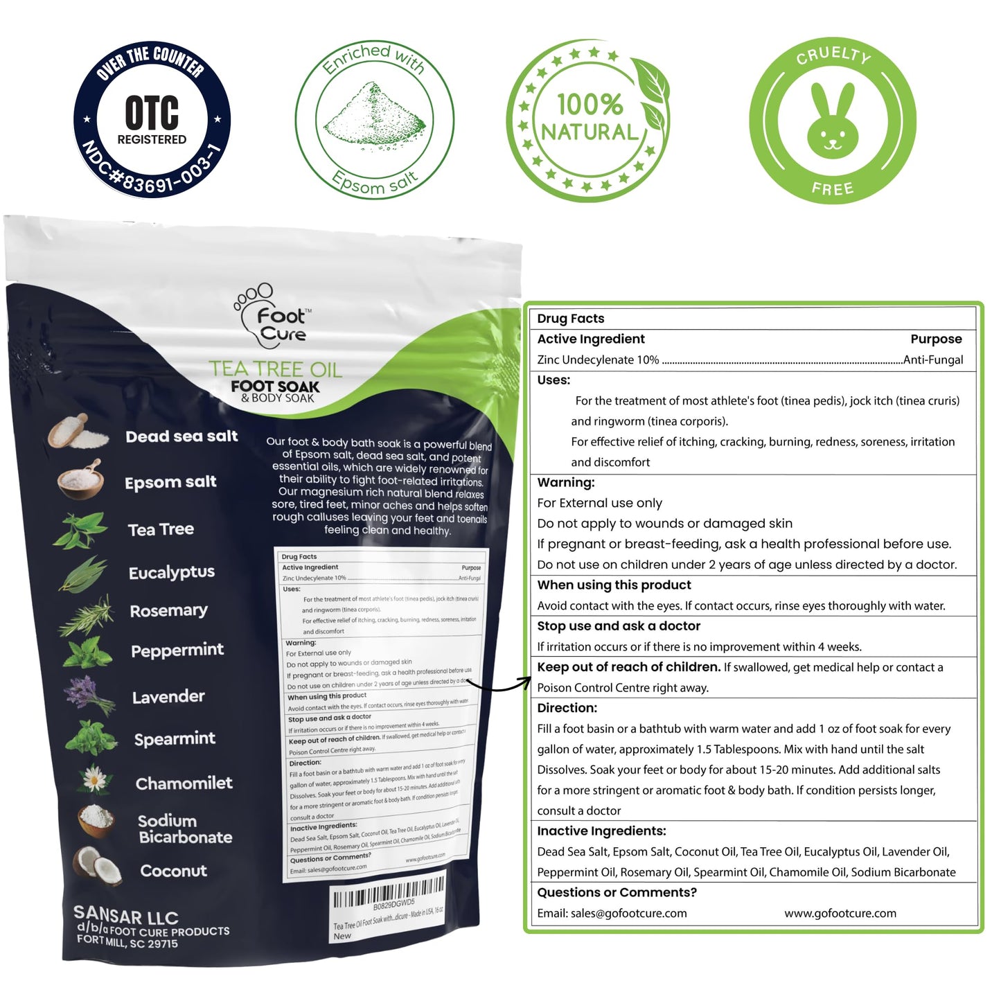 FOOT CURE Tea Tree Oil Foot Soak with Epsom Salts- for Foot Pain, Soreness, Athletes Foot, Odors, Toe Nail Fungus, Fungal, Calluses (Pack of 4)