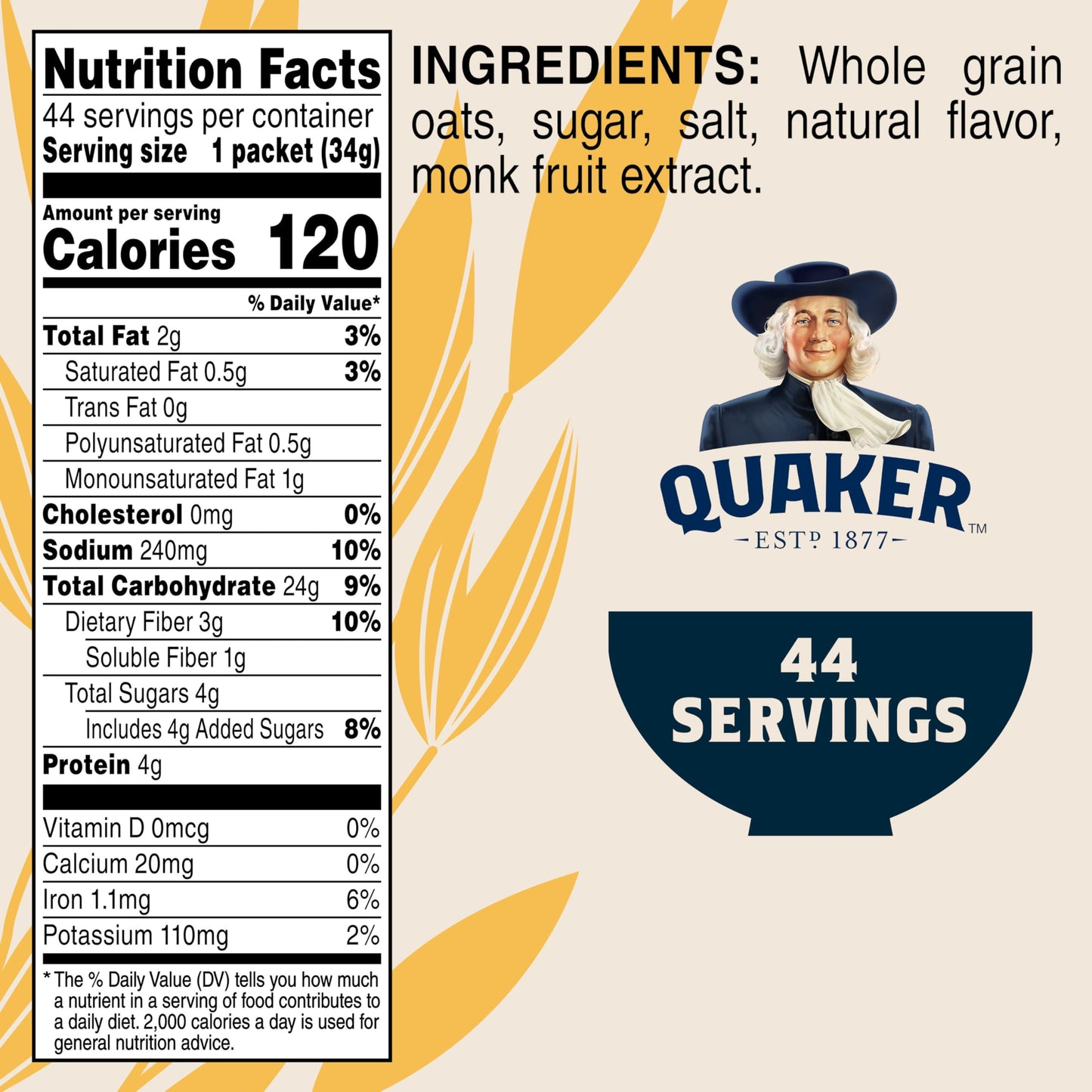 Quaker Instant Oatmeal Lower Sugar, Maple & Brown Sugar, 1.19 Oz, Pack of 44