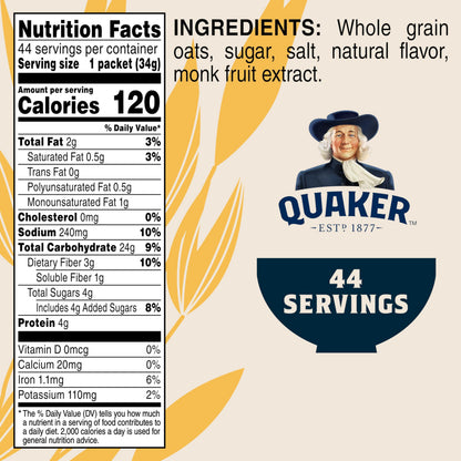 Quaker Instant Oatmeal Lower Sugar, Maple & Brown Sugar, 1.19 Oz, Pack of 44