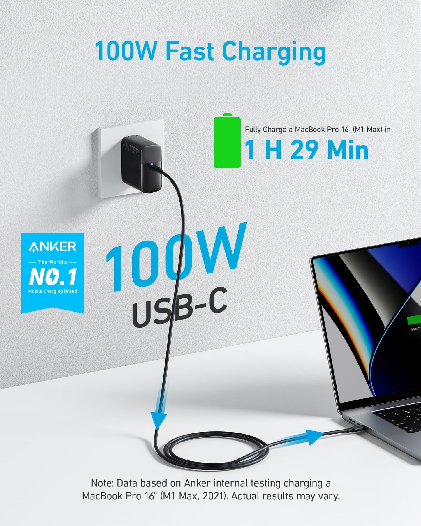 Anker Laptop Charger, Compact and Foldable 100W USB C Charger for MacBook Air, Samsung Galaxy, iPhone 17/16 Series, iPad Pro, and More(5FT USB C Cable Included)