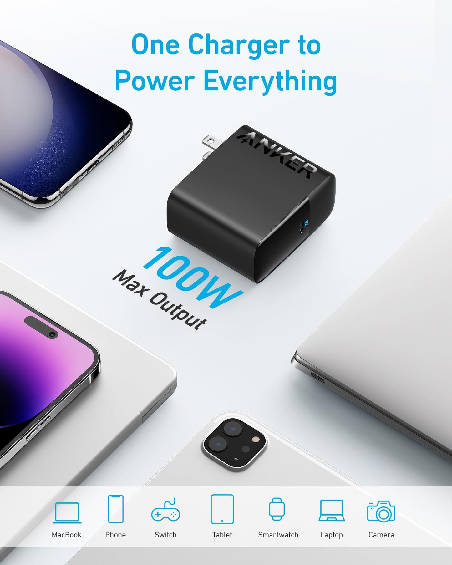 Anker Laptop Charger, Compact and Foldable 100W USB C Charger for MacBook Air, Samsung Galaxy, iPhone 17/16 Series, iPad Pro, and More(5FT USB C Cable Included)