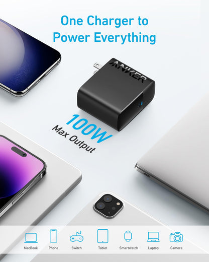 Anker Laptop Charger, Compact and Foldable 100W USB C Charger for MacBook Air, Samsung Galaxy, iPhone 17/16 Series, iPad Pro, and More(5FT USB C Cable Included)