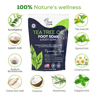 FOOT CURE Tea Tree Oil Foot Soak with Epsom Salts- for Foot Pain, Soreness, Athletes Foot, Odors, Toe Nail Fungus, Fungal, Calluses (Pack of 4)