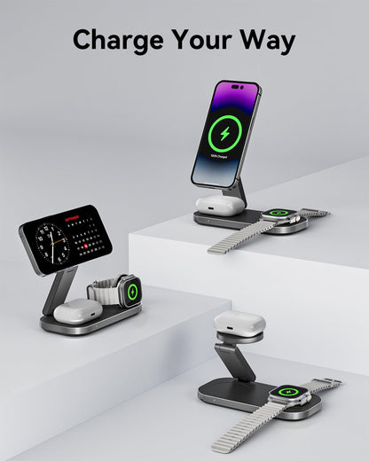 3-in-1 Charging Station for Apple Device, Qi2 25W Certified Magnetic Wireless Foldable Fast Charger Stand Compatible with MagSafe for iPhone 17e/17/16/15/14/13/12/Air Series, Apple Watch & AirPods