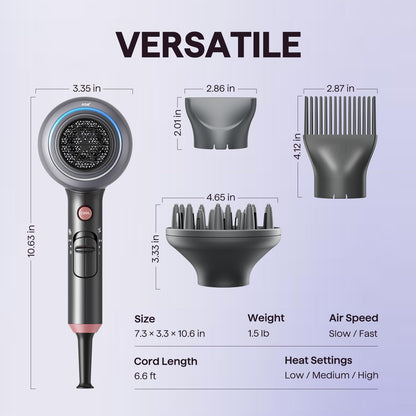 Wavytalk Blow Dryer, Blown Away Ionic Hair Dryer for Curly Hair with Diffuser, 1875W Fast Drying Blow Dryer with Ceramic Technology, 3 Attachments for All Hair Types, Light and Quiet, Grey