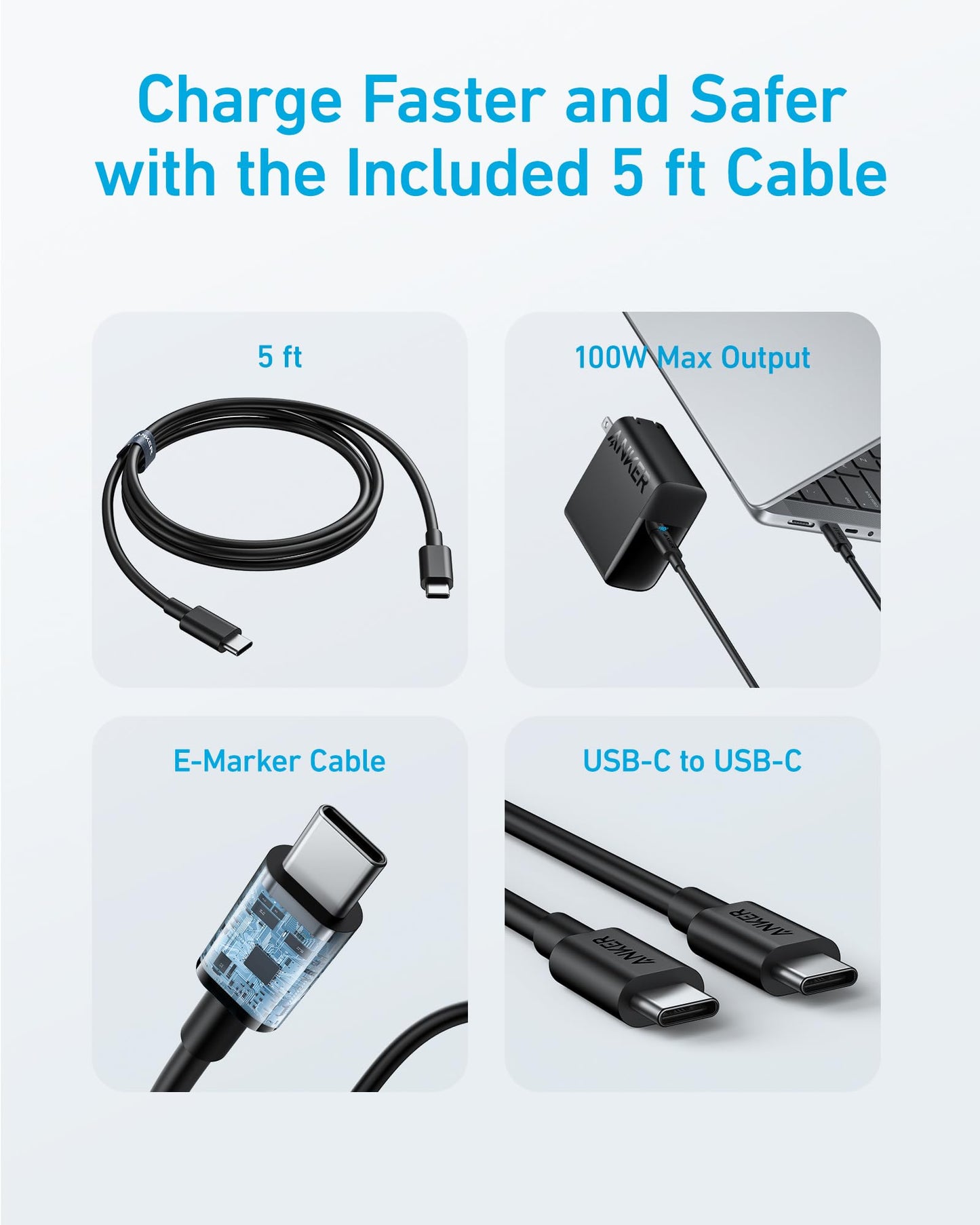 Anker Laptop Charger, Compact and Foldable 100W USB C Charger for MacBook Air, Samsung Galaxy, iPhone 17/16 Series, iPad Pro, and More(5FT USB C Cable Included)