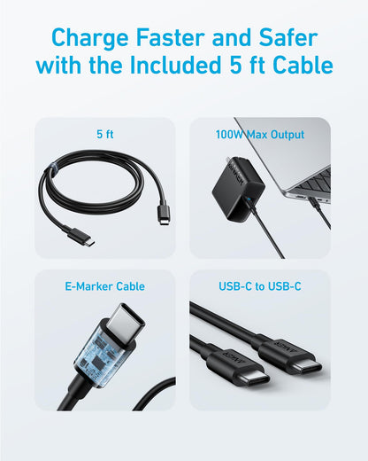 Anker Laptop Charger, Compact and Foldable 100W USB C Charger for MacBook Air, Samsung Galaxy, iPhone 17/16 Series, iPad Pro, and More(5FT USB C Cable Included)