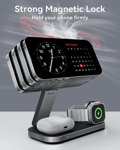 3-in-1 Charging Station for Apple Device, Qi2 25W Certified Magnetic Wireless Foldable Fast Charger Stand Compatible with MagSafe for iPhone 17e/17/16/15/14/13/12/Air Series, Apple Watch & AirPods