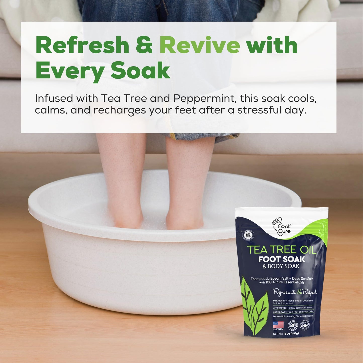 FOOT CURE Tea Tree Oil Foot Soak with Epsom Salts- for Foot Pain, Soreness, Athletes Foot, Odors, Toe Nail Fungus, Fungal, Calluses (Pack of 4)