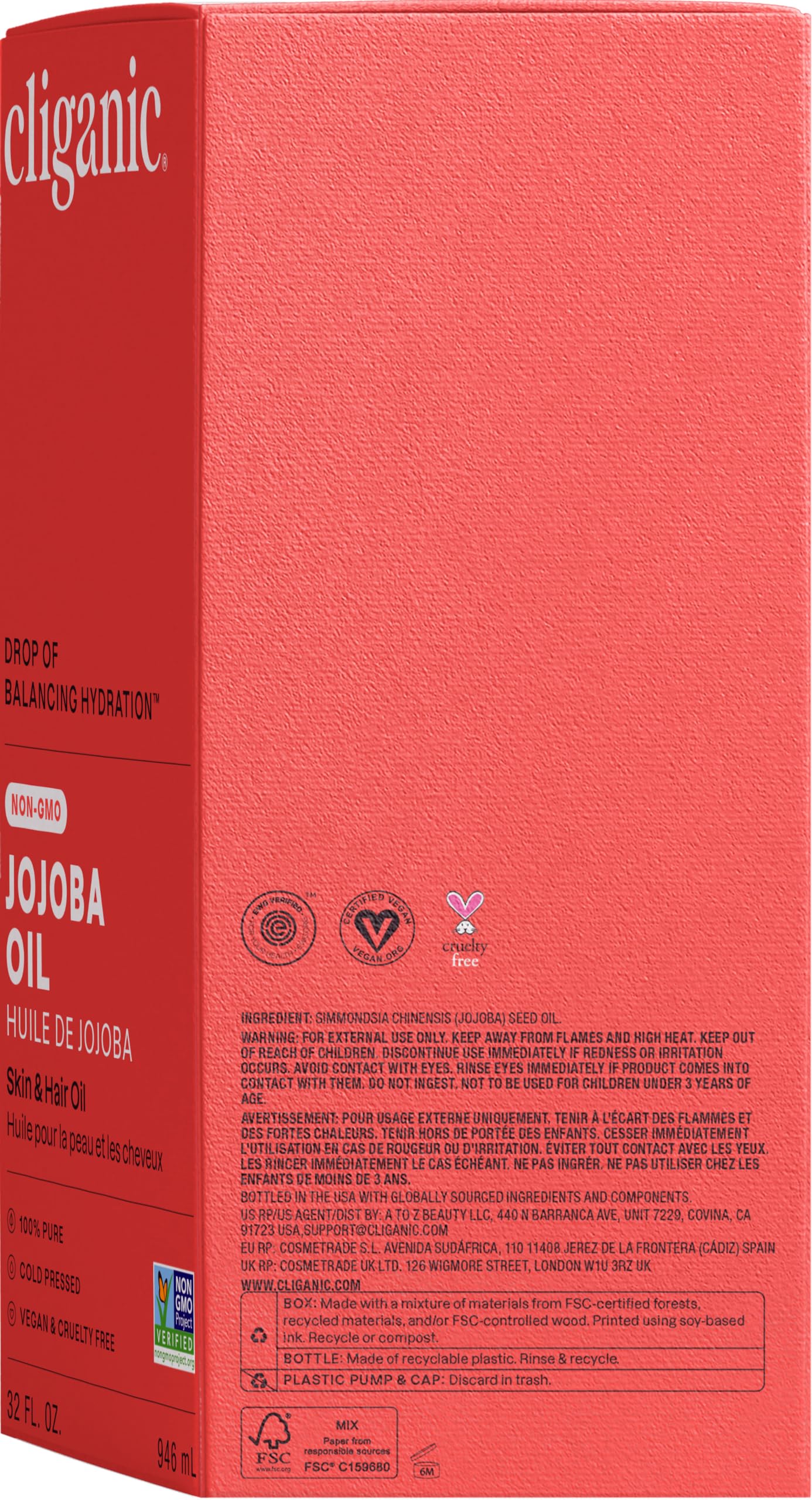 Cliganic Jojoba Oil Non-GMO, Bulk | 100% Pure for Skin, Hair & Face, Cold Pressed Natural Hexane Free - Hair Relaxer (32 oz)